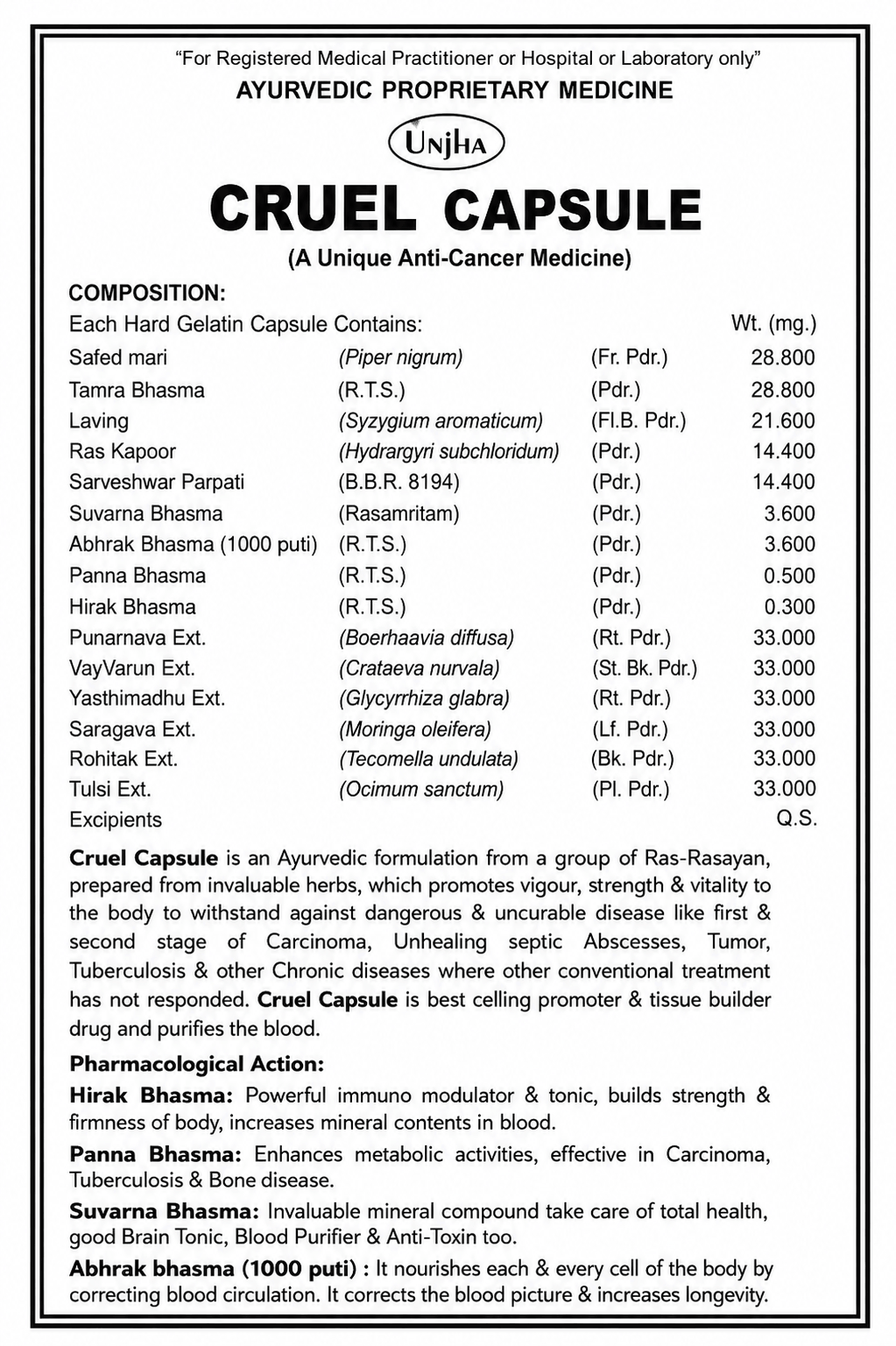 Unjha Cruel Capsule leaflet front view detailing composition, therapeutic uses, pharmacological action of key ingredients, and Ayurvedic proprietary medicine info | BodyStop