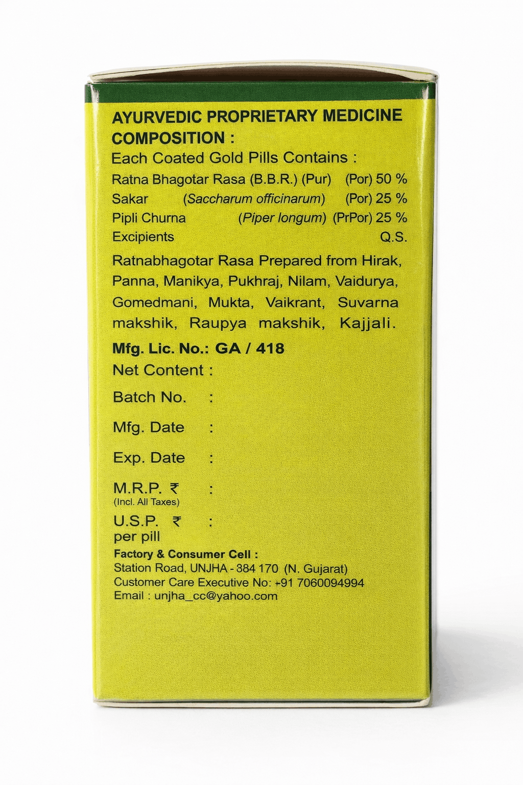 Unjha Navratna Rasa packaging back view displaying composition, manufacturing license number, batch details, pricing, and  contact information | BodyStop