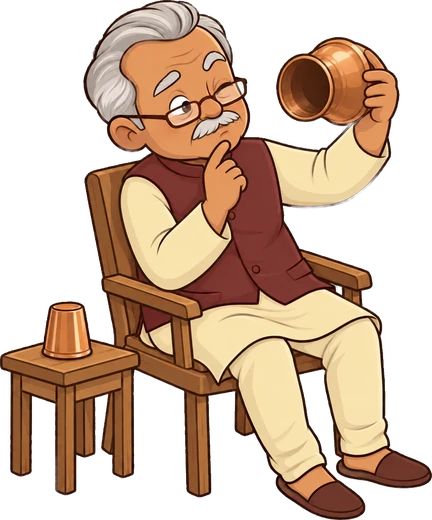Dadaji peering into an empty copper lota, he forgot to drink water
