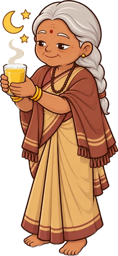 Dadi bringing a warm glass of haldi doodh at bedtime