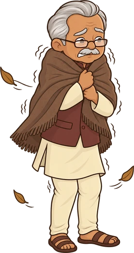 Dadaji shivering in a woollen shawl in the cold wind