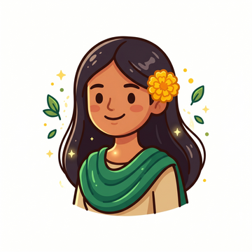 Illustration of a smiling woman wearing a green traditional outfit with a flower in her hair, surrounded by leaves and glowing elements, representing women's health and wellness | Ayurvedic women's health and wellness products from BodyStop