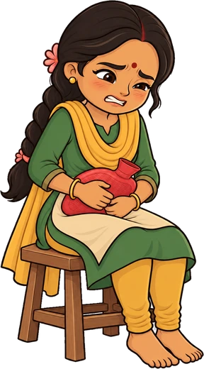 Meera wincing with a hot water bag pressed to her stomach