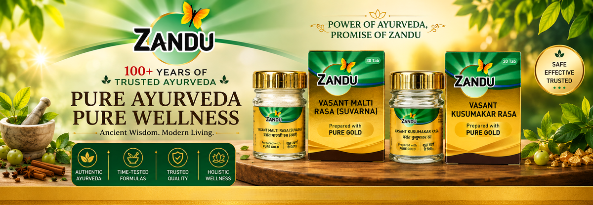 Zandu Pure Gold Ayurvedic medicine and products banner showcasing Vasant Malti Rasa and Vasant Kusumakar Rasa with Pure Gold formulations | Buy Ayurvedic medicines and products online from BodyStopslider_item_Ryn3HY