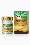 Zandu Rasraj Ras with gold bottle and outer packaging box indicating 30 tablets and preparation with pure gold | BodyStop