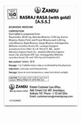 Zandu Rasraj Rasa (with gold) product leaflet detailing composition, net content, dosage, indication for joint pain and osteoarthritis, storage, caution under medical supervision, and manufacturer/customer care contact information | BodyStop