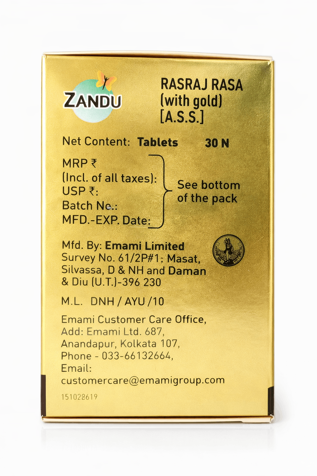 Zandu Rasraj Rasa with gold packaging side view displaying net content, manufacturing and marketing details by Emami Limited, license number, and customer care contact information | BodyStop