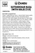 Zandu Sutshekhar Rasa (with gold) product leaflet detailing composition, net content, dosage, indication in hyperacidity, dyspepsia, emesis, colic pain, and hiccups, storage, caution under medical supervision, and manufacturer/customer care contact information | BodyStop