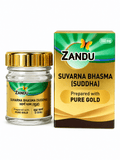 Zandu Suvarna Bhasma (Suddha) bottle and outer packaging box indicating 100 mg and preparation with pure gold | BodyStop