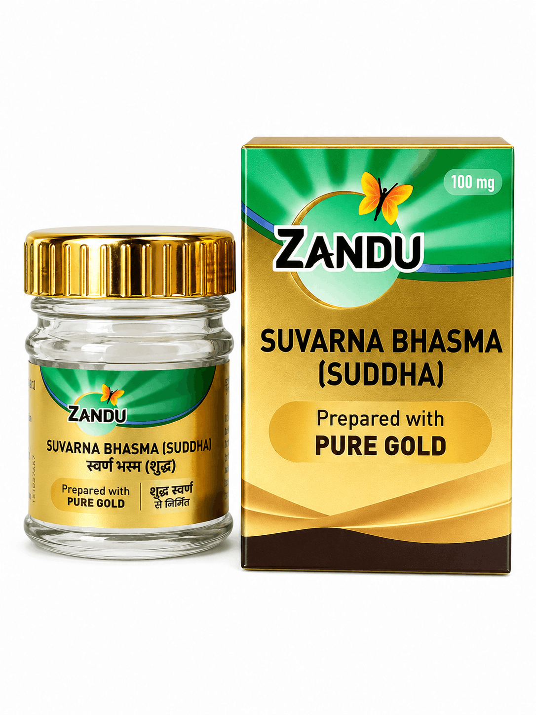 Zandu Suvarna Bhasma (Suddha) bottle and outer packaging box indicating 100 mg and preparation with pure gold | BodyStop