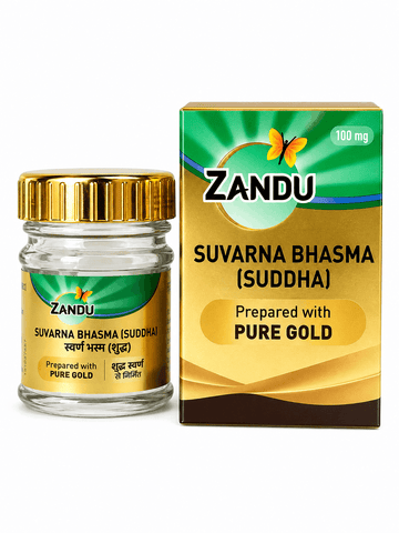 Zandu Suvarna Bhasma (Suddha) bottle and outer packaging box indicating 100 mg and preparation with pure gold | BodyStop