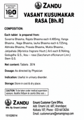 Zandu Vasant Kusumakar Ras product leaflet detailing composition, net content 30 tablets, dosage, indication in urinary disorder, storage, caution under medical supervision, and manufacturer/customer care contact information | BodyStop