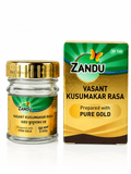 Zandu Vasant Kusumakar Rasa bottle and outer packaging box indicating 30 tablets and preparation with pure gold | BodyStop