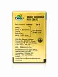 Zandu Vasant Kusumakar Rasa packaging side view displaying net content 30 tablets, manufacturing details, license number, and customer care contact information | BodyStop