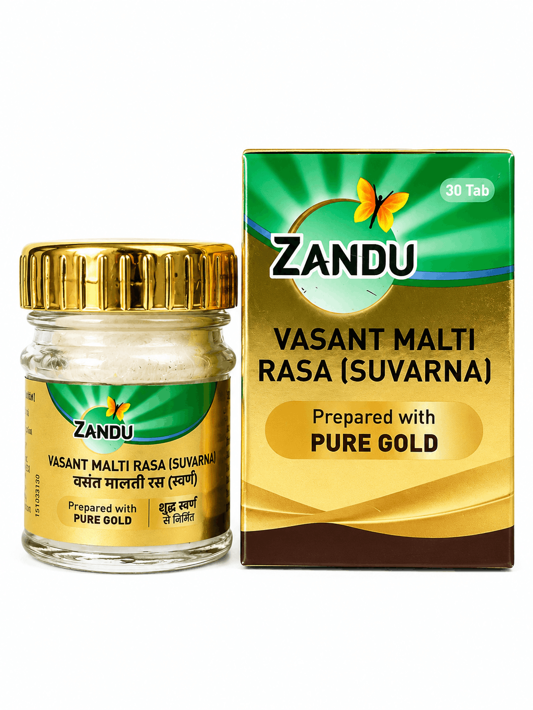 Zandu Vasant Malti Rasa (Suvarna) bottle and outer packaging box indicating 30 tablets and preparation with pure gold | BodyStop