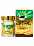 Zandu Vasant Malti Rasa (Suvarna) bottle and outer packaging box indicating 30 tablets and preparation with pure gold | BodyStop