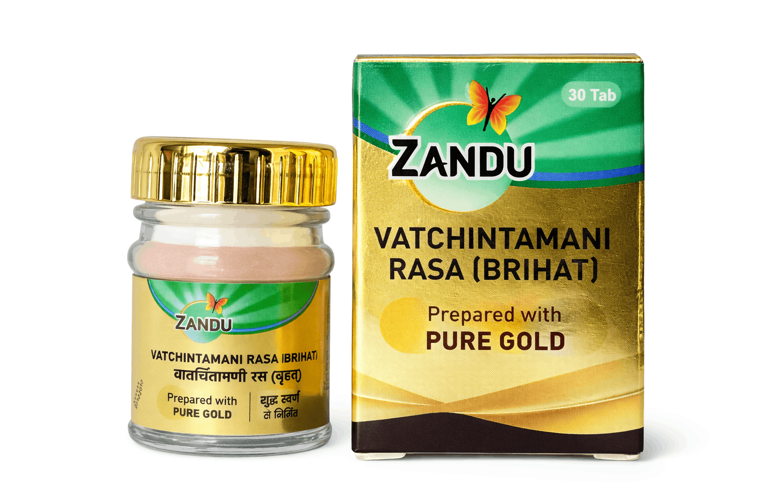 Zandu Vatchintamani Rasa Brihat bottle and outer packaging box indicating 30 tablets and preparation with pure gold | BodyStop