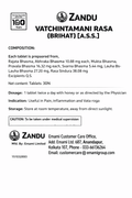 Zandu Vatchintamani Rasa Brihat product leaflet detailing composition, net content (30 tablets), dosage, indication in pain, inflammation, and Vata roga, storage, caution under medical supervision, and manufacturer/customer care contact information | BodyStop